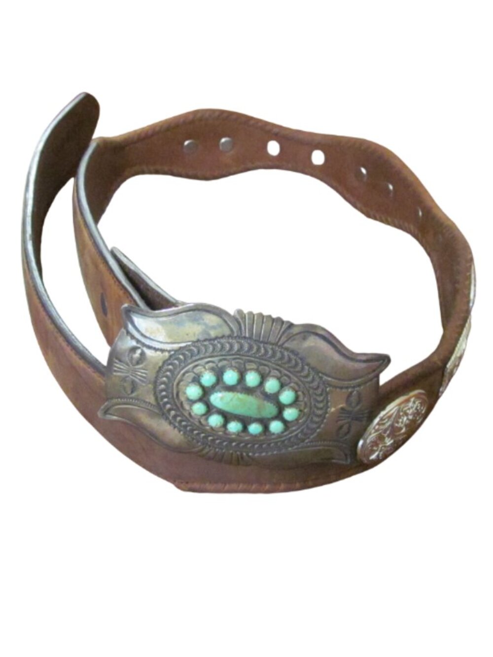 3-D Belt Company Brown Leather Sterling Buckle Turquoise Stones - Size 32